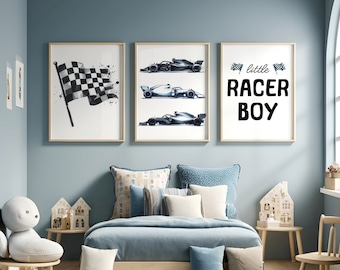 Race Car Poster Prints - Set of 3 Posters | Little Racer Dude Nursery | Racing Playroom Wall Art | Boys Bedroom Decor | Kids Cars Gifts