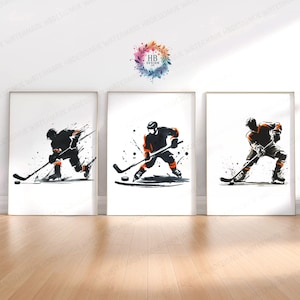 Ice Hockey Poster Set - 3 Prints | Orange and Black | Watercolour Wall Art | Bedroom Decor | Hockey Player Gifts | Kids Room Wall Art Gift