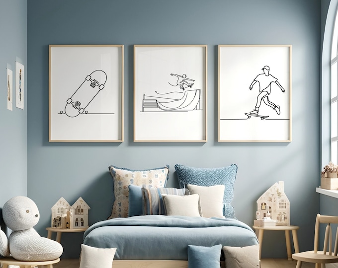 Minimal Skateboarding Posters - Set of 3 Prints | Skateboard Wall Art | Kids Room Decor Gift | Skateboard Artwork | Boys Bedroom Gifts