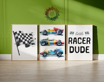 Race Car Nursery Prints - Set of 3 Posters | Little Racer Dude Nursery | Racing Playroom Wall Art | Boys Bedroom Decor | Kids Cars Gifts