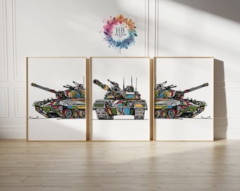 Colourful Tank Print Set - 3 Tanks Posters | Watercolour Design | Boys Room | Bedroom Decor Gifts | Army Wall Art | Artwork Wall Hanging