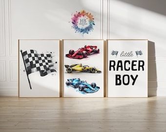 Race Car Nursery Posters - Set of 3 Prints | Little Racer Dude Nursery | Racing Playroom Wall Art | Boys Bedroom Prints | Kids Cars Gifts