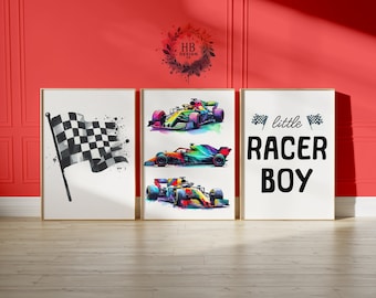Racing Car Poster Prints - Set of 3 Posters | Little Racer Dude Nursery | Race Playroom Wall Art | Boys Bedroom Decor | Kids Cars Gifts