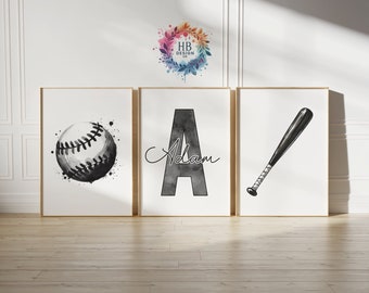 Personalisierte Baseball Poster - Set mit 3 Drucken | Jungen Mädchen Schlafzimmer Dekor | Benutzerdefinierte Base Ball Wandkunst | Kinderzimmer Dekor | Kinder Kunstwerk Geschenke