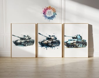 Military Tank Poster Set - 3 Tanks Prints | Watercolour Design | Boys Room | Bedroom Decor Gifts | Army Wall Art | Artwork Wall Hanging