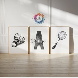 Personalised Badminton Prints - Set of 3 Posters | Boys Girls Bedroom Decor | Custom Wall Art | Kid Room Decor | Kids Artwork Gifts