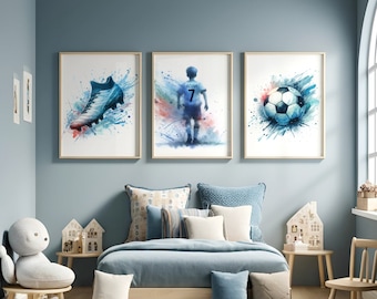 Personalised Football Poster Set - 3 Prints | Boys Bedroom Decor | Kids Room Wall Art | Soccer Artwork | Custom Teen Footballer Gifts | Blue