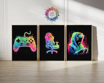 Póster de jugador de neón - Juego de 3 impresiones de videojuegos / Decoración de dormitorio de juegos / Regalo para jugadores / Sala de juegos / Impresión de arte mural de videojuegos de consola