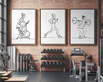 May include: Three black framed line art prints of people exercising. The prints are hung on a brick wall above a set of black dumbbell racks and a treadmill.