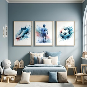 Set di poster di calcio personalizzati - 3 stampe / Decorazione per camera da letto dei ragazzi / Arte murale per la stanza dei bambini / Opere d'arte sul calcio / Regali personalizzati per calciatori adolescenti / Blu