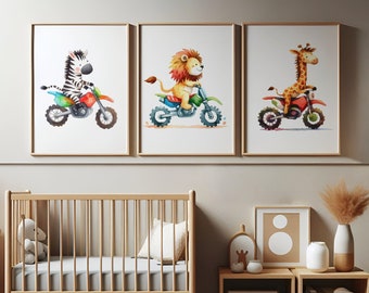 Safari Animal Nursery Prints - Set of 3 Kids Posters | Motorbike Wall Art | Animals Boys Room Dirt Bike | Playroom Decor | Baby Boy Gifts
