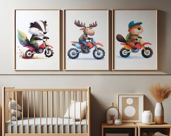 Pósteres infantiles de animales del bosque - Juego de 3 láminas infantiles / Arte mural de motos / Decoración de habitación infantil con animales / Regalos para bebés