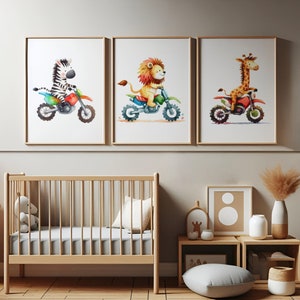 Safari Tier Kinderzimmer Drucke - 3er Set Kinderposter | Motorrad Wandkunst | Tiere Jungenzimmer Dirt Bike | Spielzimmer Dekor | Baby Geschenke