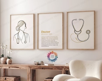 Definitieprints vrouw arts - set van 3 | Artsenpraktijkdecoratie | Minimalistisch lijnkunstwerk voor medische studenten | Afstudeercadeaus | Muurposter