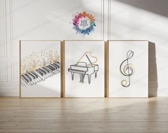 Minimalist Gold Piano Prints - Set of 3 Wall Art | Line Drawing Posters | Piano Music Room Decor | Sketch Drawing Design | Piano Key Print