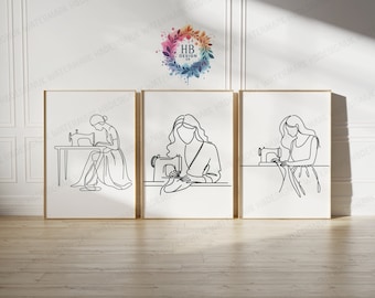 Minimalist Sewing Prints - Set of 3 Wall Art | Woman Artwork | Line Drawing Design | Craft Room Decor | Sewing Gifts | Seamstress Sign