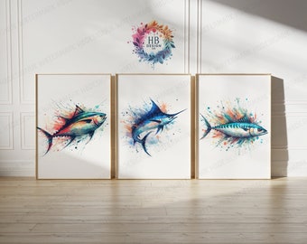 Sea Fishing Wall Art - Set of 3 Fish Prints | Fishing Gifts for Men | Watercolour Art | Angler Illustration Prints | Angling Gift