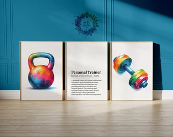May include: Three printable wall art prints featuring colourful watercolour illustrations of fitness equipment. The prints include a kettlebell, a dumbbell, and a definition of a personal trainer.