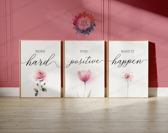 Pink Home Office Prints - Set of 3 Posters | Minimalist Desk Decor | Work From Home Wall Art | WFH Gifts | Coworker Workplace Pictures