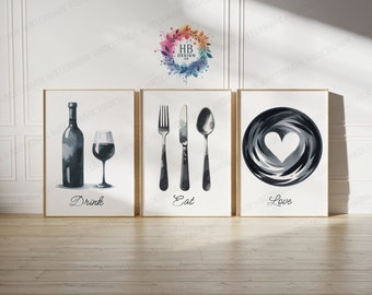 Kitchen Dining Print - Set of 3 Prints | Black Watercolor Posters | Food & Drink Wall Art | Kitchen Home Decor | Pictures for Dining Room