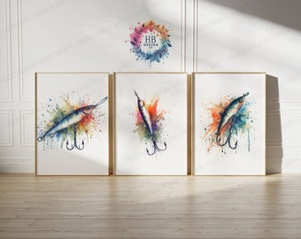 Fishing Lure Wall Art - Set of 3 Fisherman Prints | Fishing Gifts for Men | Line Drawing Art | Angler Illustration Prints | Angling Gift