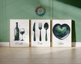 Kitchen Dining Print - Set of 3 Prints | Green Watercolor Posters | Food & Drink Wall Art | Kitchen Home Decor | Pictures for Dining Room
