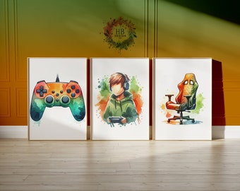Gaming Poster Print - Set of 3 Gamer Prints | Game Bedroom Decor | Gift for Gamers | Gaming Room | Retro Video Game Wall Art Print | Boys
