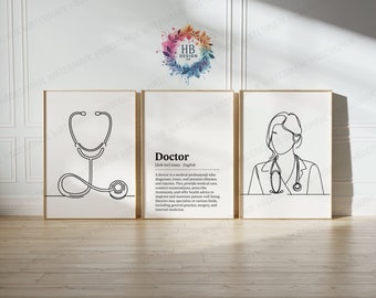 Minimale doktersdefinitieprints: set van 3 | Artsenpraktijkdecoratie | Line-artwork vrouw medisch student | Afstudeercadeaus | Muurposter