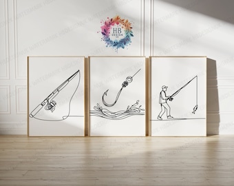 Minimalist Fishing Prints - Set of 3 Fisherman Prints | Fishing Gifts for Men | Line Drawing Art | Angler Wall Illustration | Angling Gift