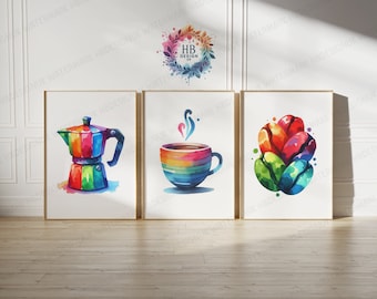 Colourful Kitchen Dining Prints - Set of 3 Pictures | Watercolor Posters | Coffee Lover Wall Art | Kitchen Home Decor | Dining Room Print