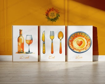 Kitchen Dining Print - Set of 3 Prints | Watercolor Orange Posters | Food & Drink Wall Art | Kitchen Home Decor | Pictures for Dining Room
