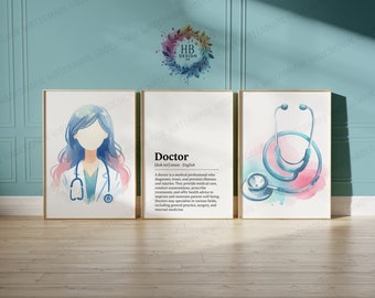 Dokterdefinitieprintset - 3 prints | Artsenpraktijkdecoratie | Aquarelkunstwerk voor medische student | Dr. Afstudeercadeaus | Muurposter