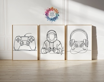 Juego de impresiones minimalistas de videojuegos: 3 pósteres de gamers, decoración para dormitorio infantil, obra de arte para regalar, habitación de juegos para niñas, impresión de arte mural de videojuegos para niños.