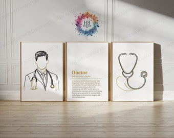 Man Doctor-definitieprints: set van 3 | Artsenpraktijkdecoratie | Boho-lijnkunstwerk voor medische student | Afstudeercadeaus | Muurposter
