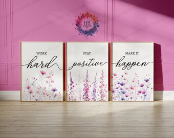 Pink Home Office Prints - Set of 3 Posters | Minimalist Desk Decor | Work From Home Wall Art | WFH Gifts | Coworker Workplace Pictures