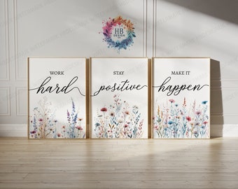 Boho Home Office Prints - Set of 3 Posters | Minimalist Desk Decor | Work From Home Wall Art | WFH Gifts | Coworker Workplace Pictures