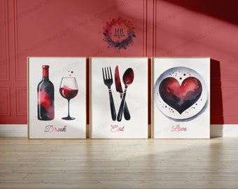 May include: Three watercolour paintings with a red and black colour scheme. The first painting shows a bottle of wine and a glass of wine with the word "Drink" below. The second painting shows a fork, knife, and spoon with the word "Eat" below. The third painting shows a plate with a red heart on it with the word "Love" below.