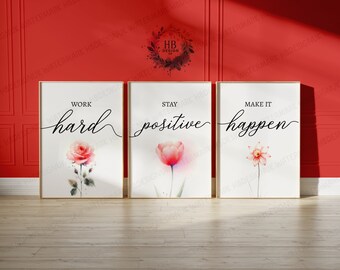 Home Office Prints - Set of 3 Posters | Minimalist Desk Decor | Work From Home Wall Art | Red WFH Gifts | Coworker Workplace Pictures