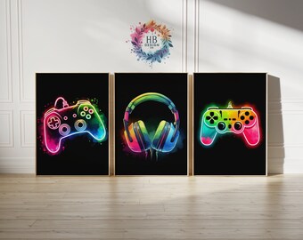 Póster de neón para videojuegos: juego de 3 impresiones, decoración para dormitorio, regalo para gamers, sala de juegos, póster de pared de videojuegos.