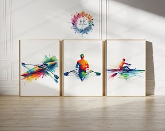 Rowing Print Set - Set of 3 Rower Posters | Colorful Watercolor Decor | Decoration Decor | Gift for Rower | Rowing Boat Wall Art