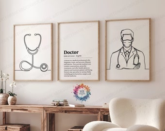 Minimale doktersdefinitieprints: set van 3 | Artsenpraktijkdecoratie | Lijnkunstwerk voor medische studenten | Afstudeercadeaus | Muurposter
