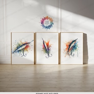 Fishing Lure Wall Art - Set of 3 Fisherman Prints | Fishing Gifts for Men | Line Drawing Art | Angler Illustration Prints | Angling Gift