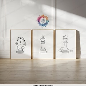Minimalist Chess Wall Art - Set of 3 Boho Prints | Chess Player Gift | Line Drawing Print | Home Decor Print | Chess Lover Poster