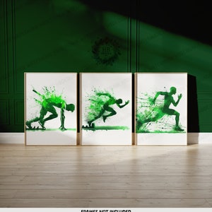 Grüne Leichtathletik Print-Set - 3-er Set Läufer Poster | Sprinter Gemälde | Dekoration Decor | Läuft Wand Kunst Poster Geschenk | Geschenke führen