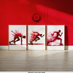 Red Leichtathletik Print-Set - 3-er Set Läufer Poster | Sprinter Gemälde | Dekoration Decor | Laufende Kunst Poster Geschenke | Läufer Geschenk