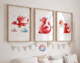 Red Dragon Nursery Prints - Set of 3 Posters | Boys and Girls Bedroom Artwork | Playroom Wall Art | Cute Artwork Decor | Kids Dragons Art