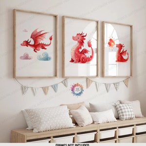 Red Dragon Kinderzimmer Drucke 3er-Set Poster | Jungen und Mädchen Schlafzimmer Kunstwerk | Spielzimmer Wandkunst | Niedliches Kunstwerk-Dekor | Kinder Drachen Art