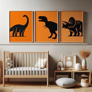 Láminas infantiles de dinosaurios naranjas - Juego de 3 pósteres / Póster para dormitorio infantil / Decoración minimalista de dinosaurios / Lámina infantil / Arte para sala de juegos infantil