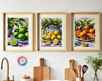 Kitchen Fruit Posters - Set of 3 Prints | Lemon, Orange, Lime | Watercolour Style | Dining Room Decor | Home Room Wall Art | Gallery Wall