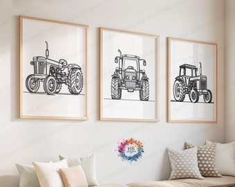 Minimalist Tractor Print Set - 3 Line Drawing Posters | Boys Bedroom Artwork | Farm Wall Art | Tractors Poster | Farmyard Nursery Decor Gift